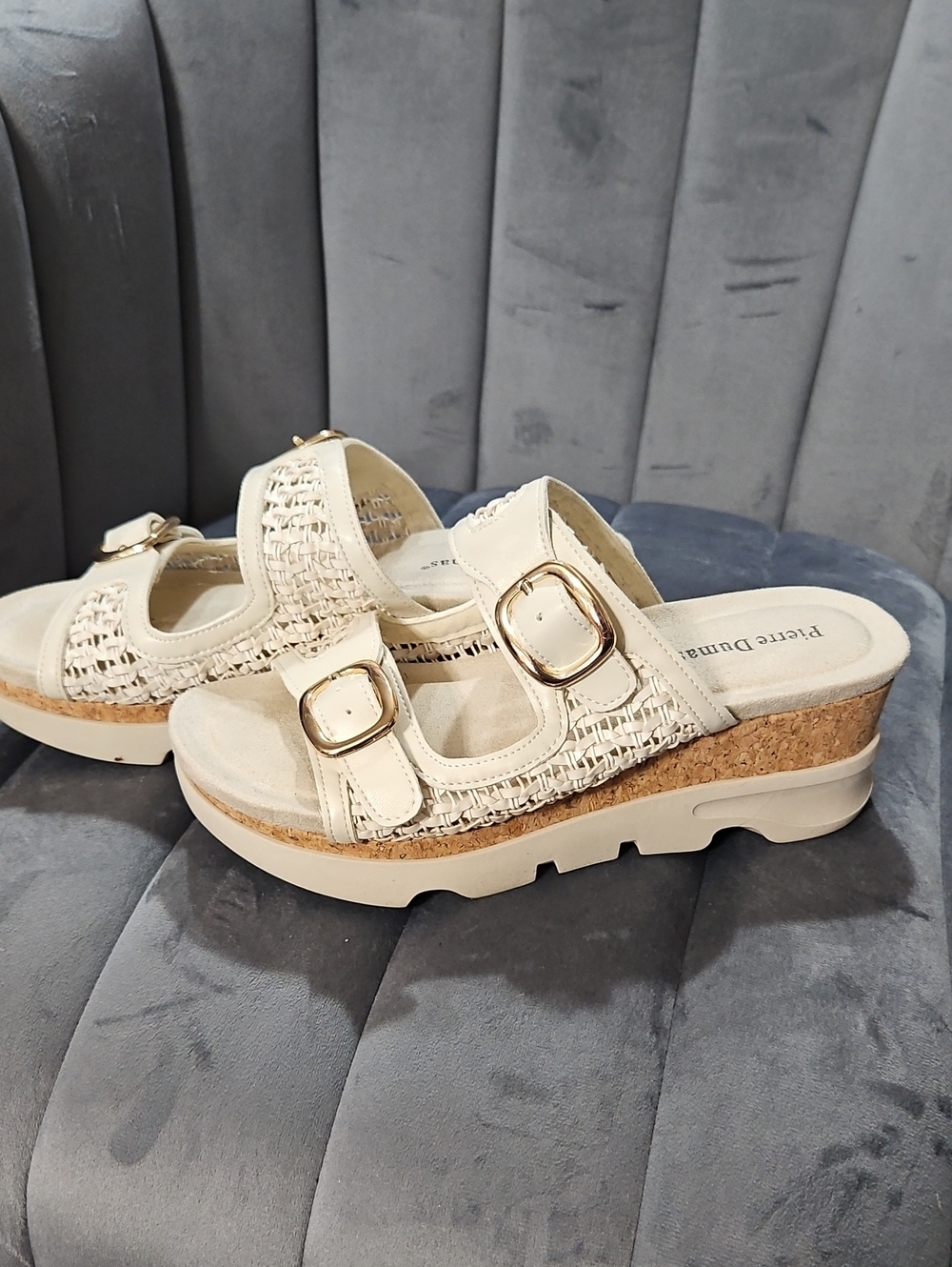 Pierre Dumas Cream Woven Cork Wedge Slide Mules with Gold Buckles